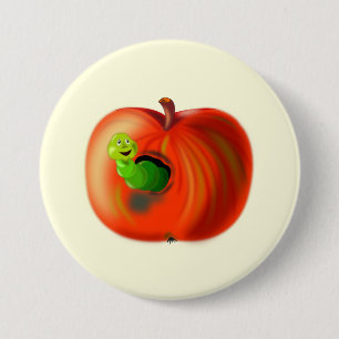 Badge Rond 7,6 Cm Happy Worm In Red Apple
