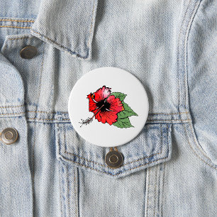 Badge Rond 7,6 Cm Hibiscus rouge tropical avec Feuilles verts