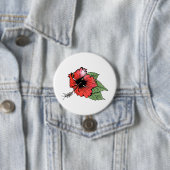 Badge Rond 7,6 Cm Hibiscus rouge tropical avec Feuilles verts (En situation)