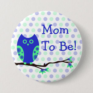 Badge Rond 7,6 Cm Hibou bleu "maman à être" bouton de baby shower