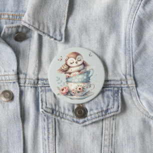 Badge Rond 7,6 Cm Hibou endormi dans des tasses à thé florales empil