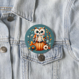 Badge Rond 7,6 Cm Hibou Patchwork sur Citrouille — Cottagecore Autom
