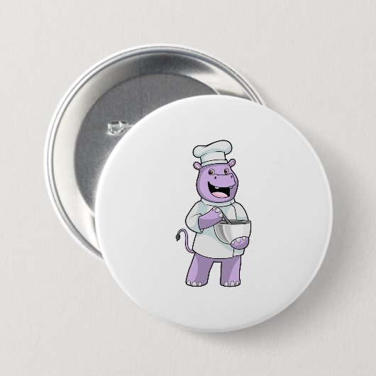 Badge Rond 7,6 Cm Hippo comme chef avec bol (Devant & derrière)