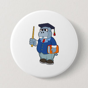 Badge Rond 7,6 Cm Hippo comme professeur avec livre