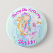 Badge Rond 7,6 Cm Hippocampe de sirène aquarelle 6e Anniversaire per (Devant)