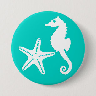 Badge Rond 7,6 Cm Hippocampe et étoile de mer - blanc sur turquoise
