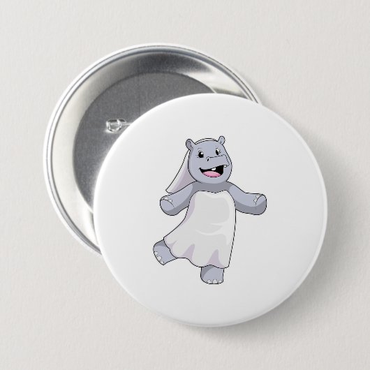 Badge Rond 7,6 Cm Hippopotame en mariée avec voile (Devant & derrière)