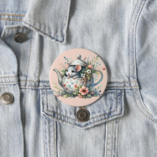Badge Rond 7,6 Cm Illustration d'une souris mignonne dans une théièr