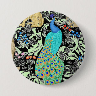 Badge Rond 7,6 Cm Impression de paon Art nouveau, turquoise et neutr