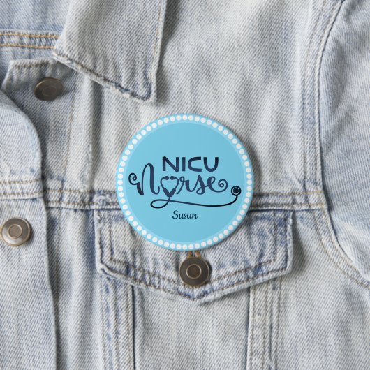 Badge Rond 7,6 Cm Infirmière Nicu personnalisée bleu et blanc (En situation)