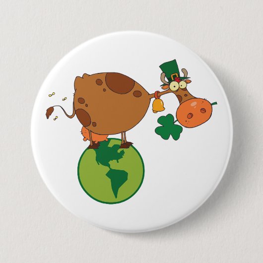 Badge Rond 7,6 Cm Irish Leprechaun Cow Standing on Planet Earth (Devant)