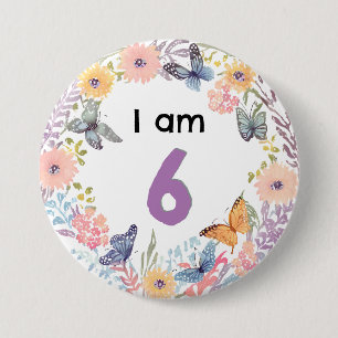 Badge Rond 7,6 Cm J'Ai 6 Beau Bouton de Bouton à Papillon Floral