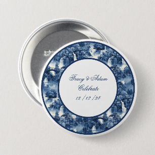 Badge Rond 7,6 Cm Jardin d'eau japonais en porcelaine blanche bleue