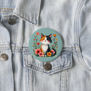 Badge Rond 7,6 Cm Joli Chat Calico avec Cottagecore Floral