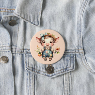 Badge Rond 7,6 Cm Joli cochon Farmcore en salopette avec des fleurs