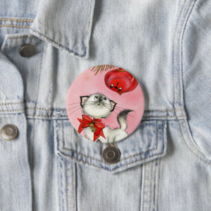 Badge Rond 7,6 Cm Joli Noël Retro Chat Chat Vintage Chat Arbre rose