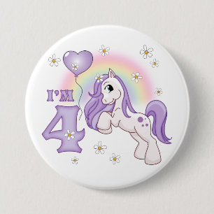 Badge Rond 7,6 Cm Joli Pony 4 Anniversaire