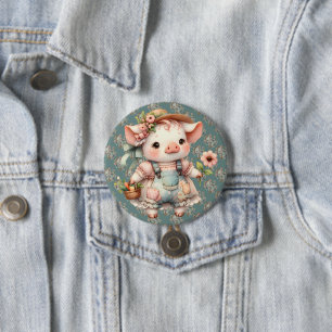 Badge Rond 7,6 Cm Joli Porcelet Pastel en Salopette Cottagecore