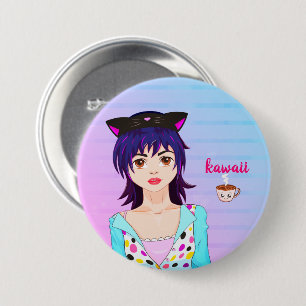 Badge Rond 7,6 Cm Jolie fille Anime et tasse de café kawaii