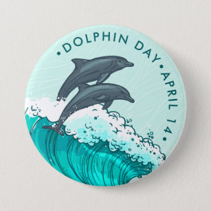 Badge Rond 7,6 Cm Jour des dauphins, dauphins sautant des vagues
