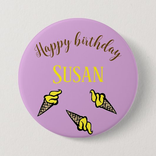 Badge Rond 7,6 Cm Joyeuse crème glacée jaune d'anniversaire sur viol (Devant)