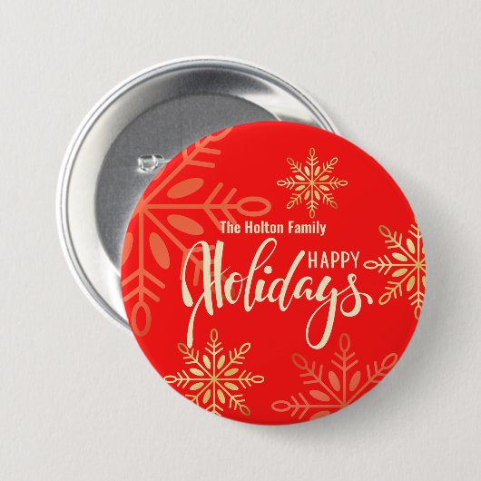 Badge Rond 7,6 Cm Joyeuses fêtes Noël or flocons rouges (Devant & derrière)