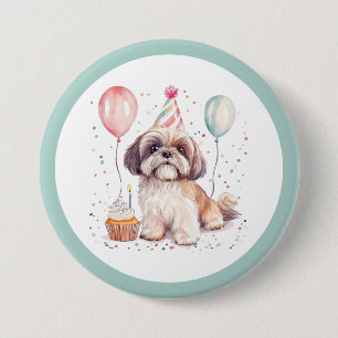 Badge Rond 7,6 Cm Joyeux Anniversaire Gâteau Cupcake Chiens Shih Tzu