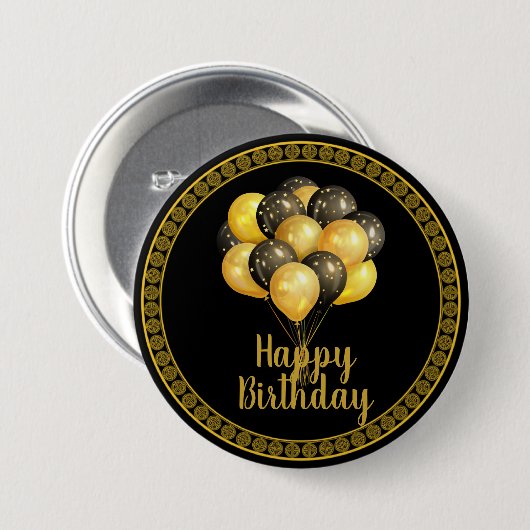 Badge Rond 7,6 Cm Joyeux anniversaire, or et noir, (Devant & derrière)