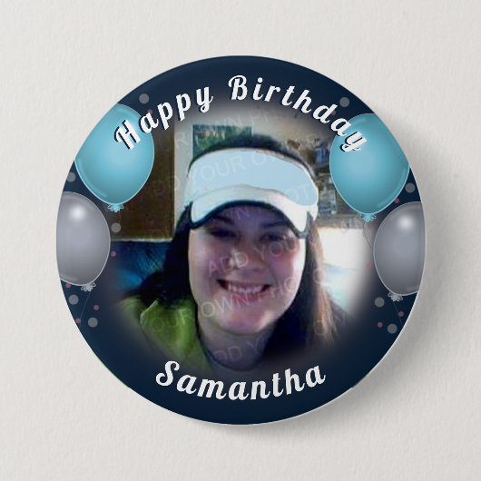 Badge Rond 7,6 Cm Joyeux Ballons d'anniversaire et Bouton bleu photo (Devant)