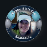Badge Rond 7,6 Cm Joyeux Ballons d'anniversaire et Bouton bleu photo<br><div class="desc">Tout le texte est réglable ! Ballons amusants et confetti joyeux anniversaire un bouton photo. Toutes les oeuvres de Valarie Wade.</div>
