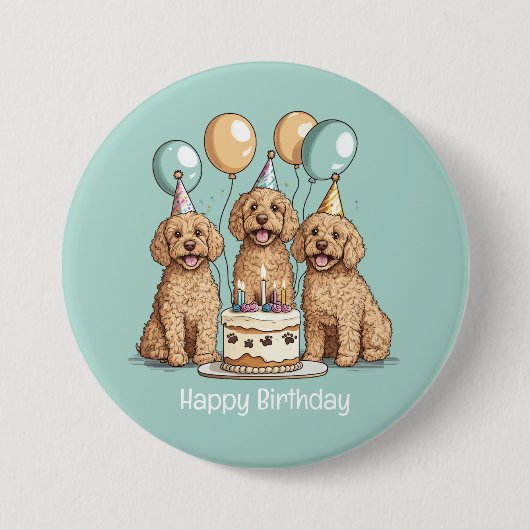 Badge Rond 7,6 Cm Joyeux Chiens Goldendoodle Anniversaire (Devant)