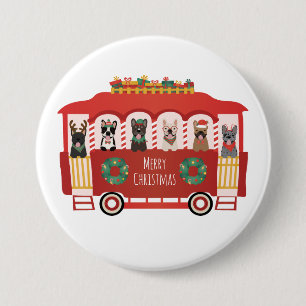 Badge Rond 7,6 Cm Joyeux Noël Français Bulldogs Vacances Trolly