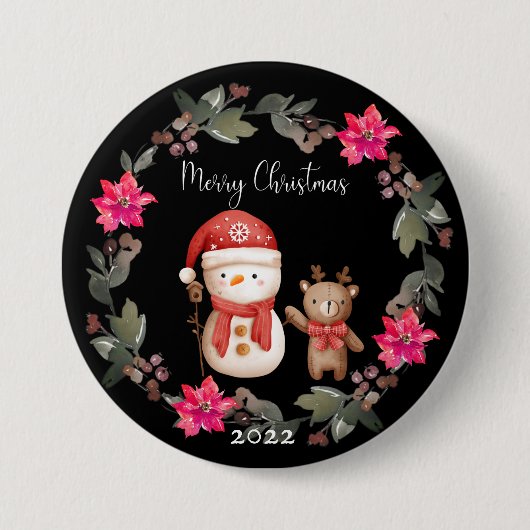 Badge Rond 7,6 Cm Joyeux Noël ours polaire blanc et petit cerf (Devant)