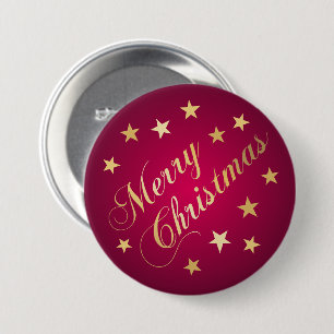 Badge Rond 7,6 Cm Joyeux Noël Tons Or Étoiles Bourgogne Joyeux