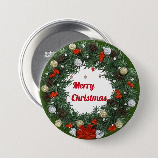 Badge Rond 7,6 Cm Joyeux Noël Vert Wreath Aquarelle (Devant & derrière)