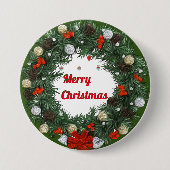 Badge Rond 7,6 Cm Joyeux Noël Vert Wreath Aquarelle (Devant)