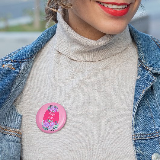 Badge Rond 7,6 Cm Joyeux oeuf rose fleuri à l'aquarelle de Pâques