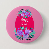 Badge Rond 7,6 Cm Joyeux oeuf rose fleuri à l'aquarelle de Pâques (Devant)