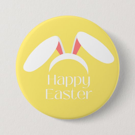 Badge Rond 7,6 Cm Joyeux Pâques blanc lapin oreilles jaune (Devant)