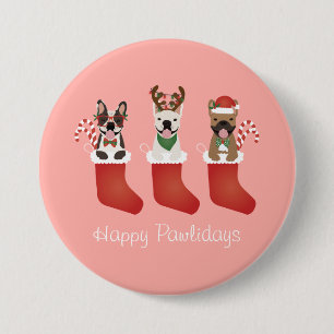 Badge Rond 7,6 Cm Joyeux Pawlidays Français Bulldogs Noël Stocking