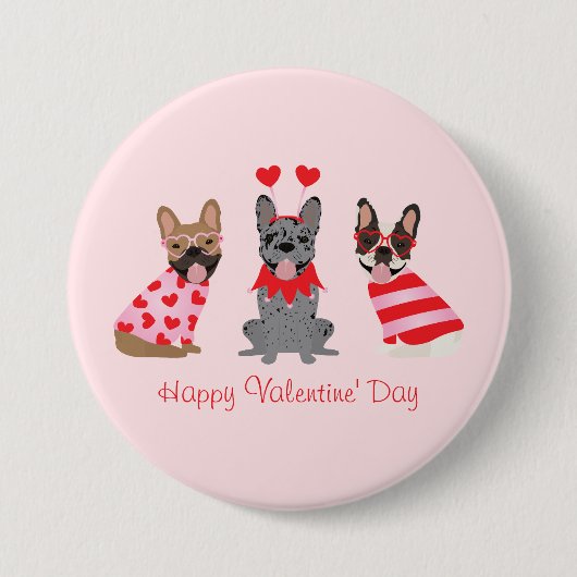 Badge Rond 7,6 Cm Joyeux Valentines Day Bulldogs français (Devant)