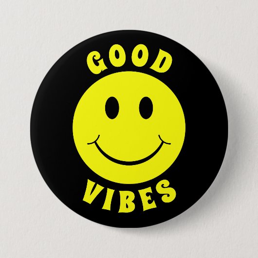 Badge Rond 7,6 Cm Joyeux visage jaune Good Vibes noir (Devant)