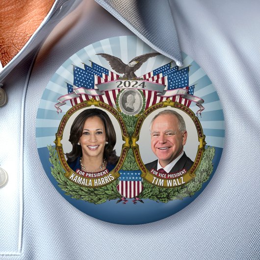 Badge Rond 7,6 Cm Kamala Harris et Tim Walz 2024 - Jugate classique