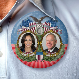 Badge Rond 7,6 Cm Kamala Harris et Tim Walz 2024 - Stars Jugate