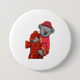 Badge Rond 7,6 Cm Koala as Firefighter with Fire hydrant