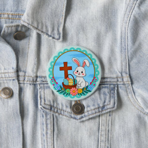 Badge Rond 7,6 Cm Lapin de Pâques religieux avec croix et œuf floral