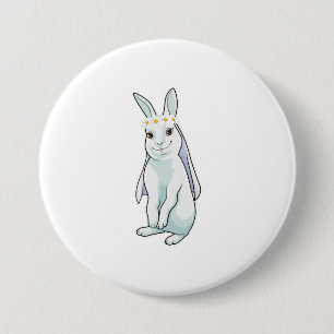 Badge Rond 7,6 Cm Lapin en mariée avec couronne de fleurs