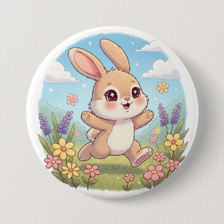 Badge Rond 7,6 Cm Lapin mignon sautant dans un champ de fleurs