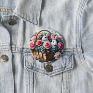 Badge Rond 7,6 Cm Lapins nichés parmi les roses de cottage