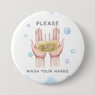 Badge Rond 7,6 Cm Lavez Vos Mains Bouton d'Illustration à l'Aquare